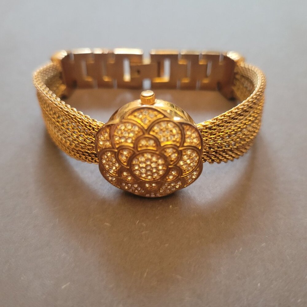 Anne Klein Vintage Gold-Tone Ladies Wristwatch Crystal Floral Cover Mesh Bracele